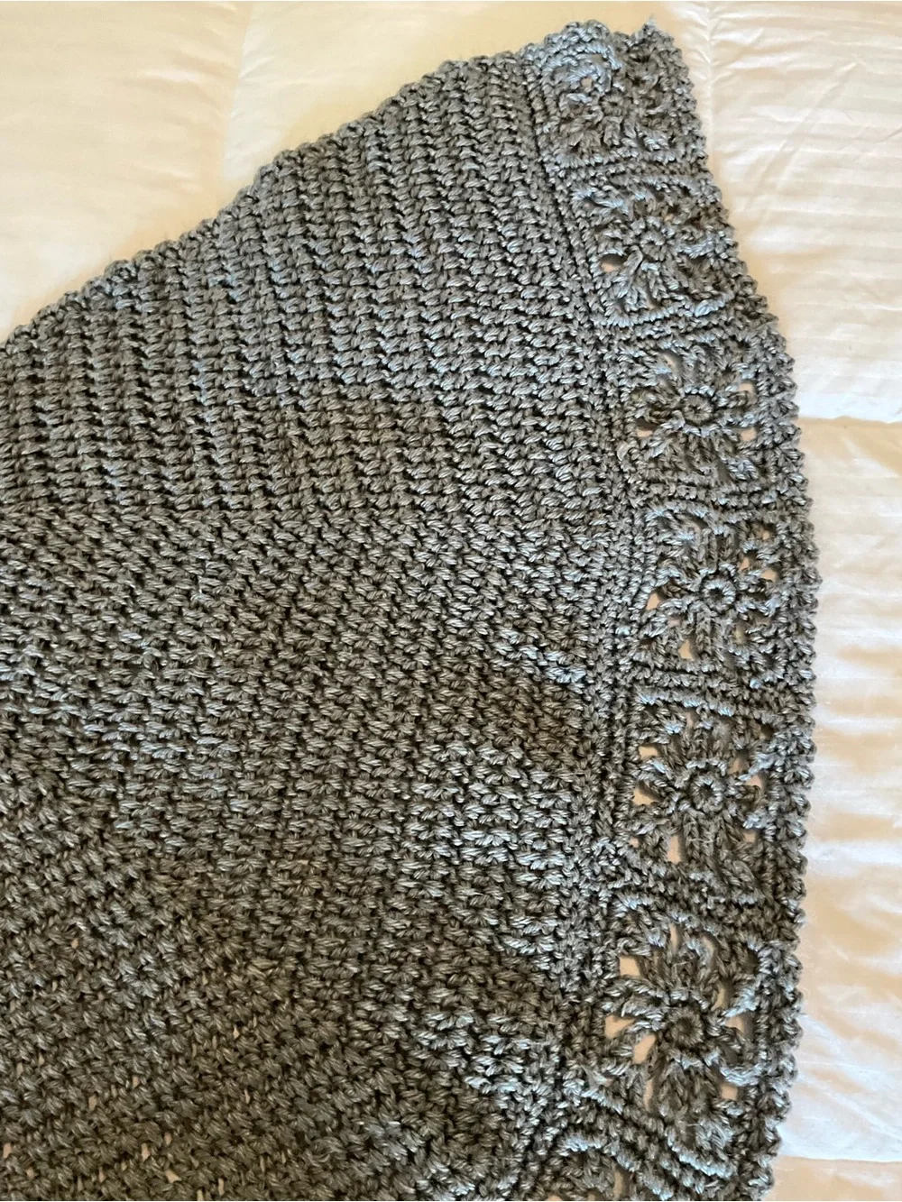 Handmade Crochet Gray Shawl Wrap Floral Granny Square Boho Cottagecore